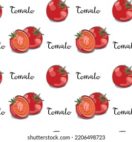 Die Tomate hat ein nahtloses Muster gezeichnet. Farbige Vegatables mit Farbumriss und Schatten wiederholen sich auf weißem Hintergrund. Vektorgrafik. 