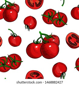 Tomato hand drawn vector seamless pattern.Detailed retro style sketch.Kitchen and restaurant illustration.Vegetables.