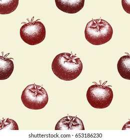 Tomato hand drawn vector seamless pattern. Vintage Vegetable engraved style background. Can be use for menu, label, packaging, farm market