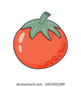 Tomato hand-drawn illustration. Red textured tomato with a green stem. Vector doodle style cartoon illustration. Concept of healthy food, vegan products for recipe book, banner, decoration
