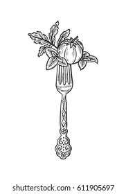 Tomato with Herbs on a fork. Healthy product. Vegan Food. Hand drawn Sketch Vegetables. Vector Illustration