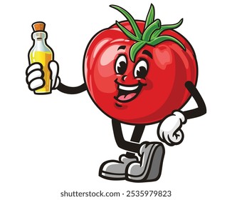 Tomate segurando uma garrafa de óleo, Cartoon Mascote Ilustração Personagem Vetor Clip-Art Desenhado à Mão Logo Design