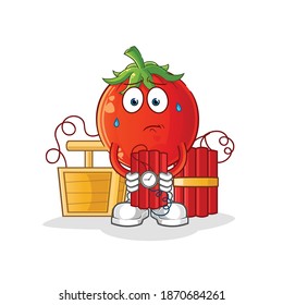 tomato holding dynamite character. cartoon mascot vector