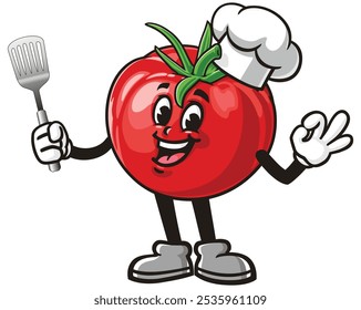 Tomato holding a spatula and wearing a chef's hat, Cartoon Mascot Illustration Character Vector Clip-Art Hand-Drawn Logo Design