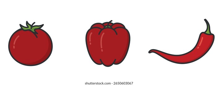 Tomato, hot chili pepper and bell pepper. Vegetable and harvest symbols. Natural organic foods. Isolated vector images