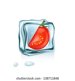tomato in ice cube isolated on white