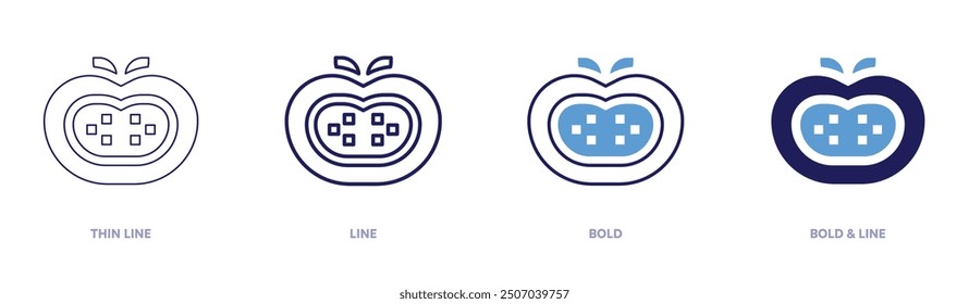 Icono de tomate en 4 estilos diferentes. Línea delgada, línea, negrita y línea negrita. Estilo duotono. Trazo editable.