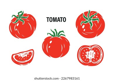 Tomato icon Collection. Slice of tomato. Red Tomatoes. Fresh Vegetables Set. Vector illustration