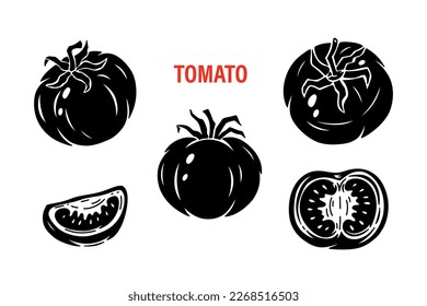 Tomato icon Collection. Slice of tomato. Tomatoes Black Silhouettes. Fresh Vegetables Set. Vector illustration