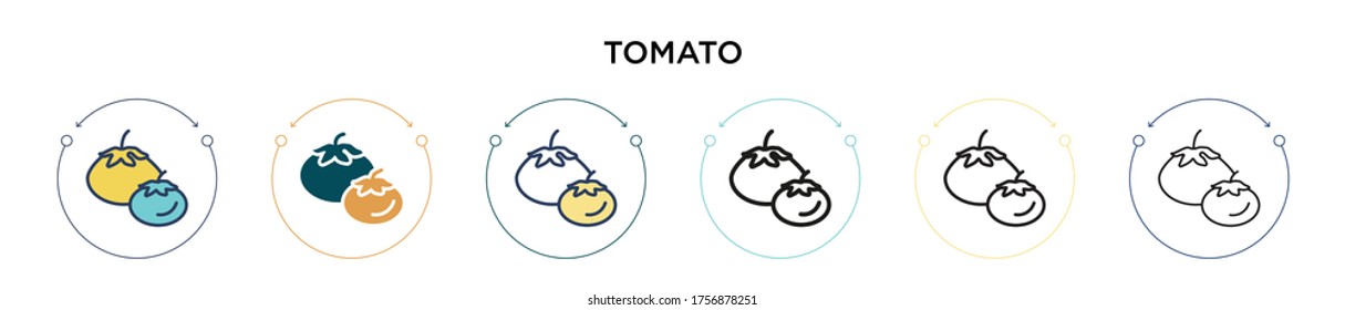 Tomato icon in filled, thin line, outline and stroke style. Vector illustration of two colored and black tomato vector icons designs can be used for mobile, ui, web