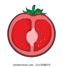 Tomatensymbol im flachen Stil. Eingeschlossenes Objekt. Tomatenlogo. Gemüse vom Bauernhof. Bio-Lebensmittel. Vektorgrafik.