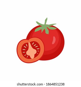 Tomato icon in flat style. Red tomatoes with green leaves food fruits vegetable from the farm. Organic food concept. Vector design coloring tomattoes cartoon illustration.