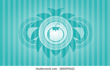 Tomato icon inside Turquoise color realistic badge. Bars classic background. Intense illustration. 