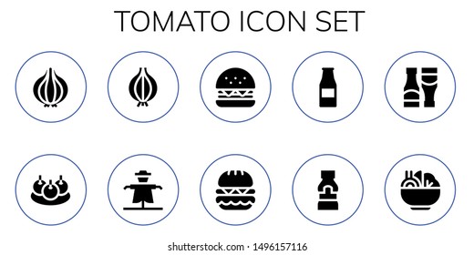 tomato icon set. 10 filled tomato icons.  Collection Of - Onion, Bitterballen, Scarecrow, Burger, Ketchup bottle, Mustard, Sauces, Salad