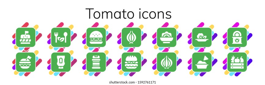 tomato icon set. 14 filled tomato icons. Included Burger, Salad, Ketchup, Condiments, Onion, Guacamole, Tinned food, Fruit icons