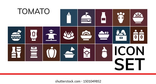 tomato icon set. 19 filled tomato icons.  Collection Of - Sauce, Burger, Sauces, Condiments, Paprika, Guacamole, Tomato sauce, Aubergine, Ketchup, Scarecrow, Bitterballen, Salad