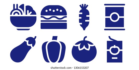 tomato icon set. 8 filled tomato icons.  Collection Of - Eggplant, Salad, Paprika, Burger, Tomato, Radish, sauce