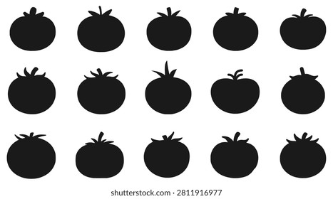 Tomato icon set in black vector style featuring fruit silhouettes with varied shapes and stems for EPS food, farming, and decorative design illustrations.
