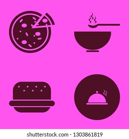 tomato icon set with pizza, burger and soup vector illustration