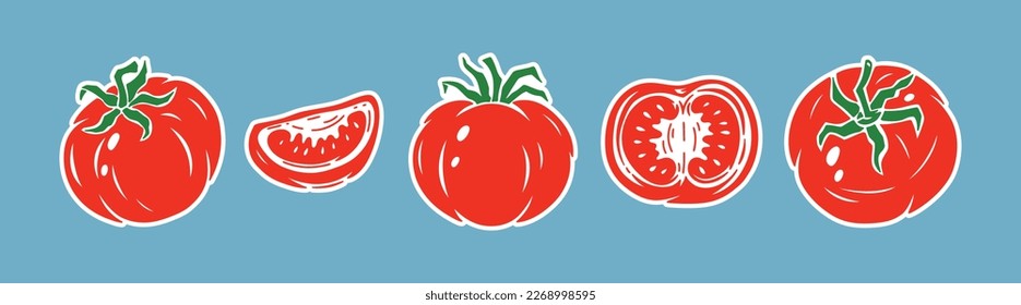 Tomato icon Sticker Collection. Slice of tomato. Red Tomatoes. Fresh Vegetables Set. Vector illustration