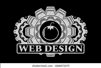 Icono de tomate y emblema de tiza de texto de diseño web. Fondo de moda de Chalkboard. Ilustración vectorial. 