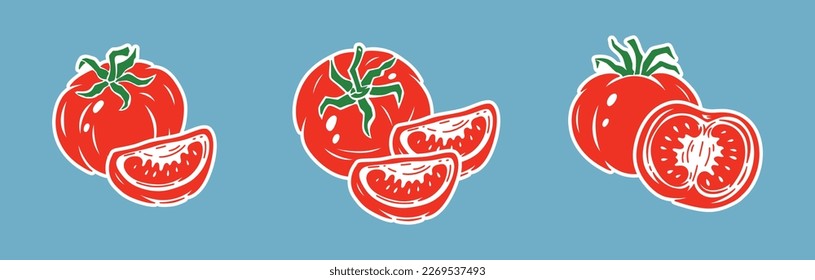 Iconos de tomate. Colección de pegatinas de tomates rojos. Trozo de tomate. Conjunto De Verduras Frescas. Ilustración del vector