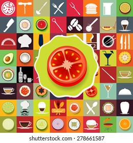 Tomato with icons of restaurants