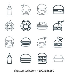 Tomato icons. set of 16 editable outline tomato icons such as burger, ketchup, burger with pepper, burger with sausage