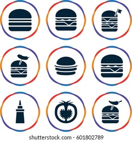 tomato icons set. Set of 9 tomato filled icons such as burger, ketchup, double burger with flag, burger with pepper