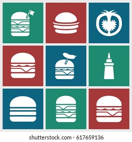 Tomato icons set. set of 9 tomato filled icons such as burger, ketchup, double burger with flag, burger with sausage