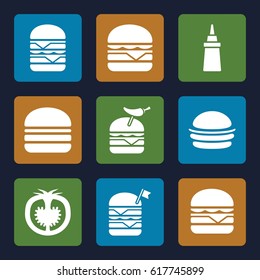 Tomato icons set. set of 9 tomato filled icons such as burger, ketchup, double burger with flag, and pepper