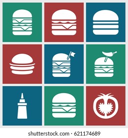 Tomato icons set. set of 9 tomato filled icons such as burger, ketchup, double burger with flag, burger with pepper