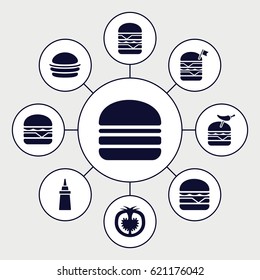 Tomato icons set. set of 9 tomato filled icons such as burger, ketchup, double burger with flag, burger with pepper