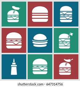 Tomato icons set. set of 9 tomato filled icons such as burger, ketchup, double burger with flag