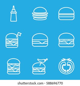 tomato icons set. Set of 9 tomato outline icons such as burger, ketchup, double burger with flag, burger with pepper