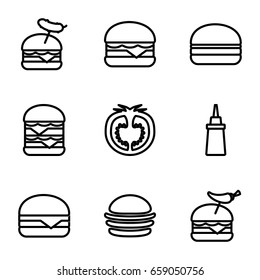Tomato icons set. set of 9 tomato outline icons such as burger, ketchup, burger with pepper, burger with sausage