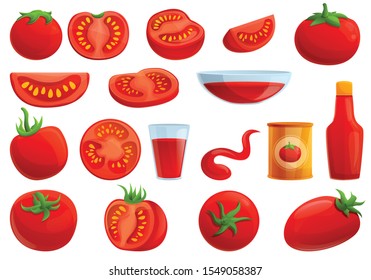 Tomato icons set. Cartoon set of tomato vector icons for web design