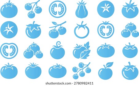 Tomato icons set, different types of tomatoes, whole, sliced, on vine, ingredient for cooking, blue on white.