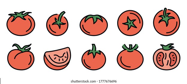 Tomato Icons Set. Outline Set Of Tomato Vector Icons Thin Line Color Flat On White