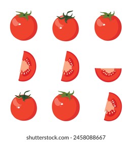 Conjunto de iconos de tomate. frutas o verduras enteras y medias, rebanadas, Alimentos para una dieta saludable. Ilustración plana de Vector, colección de conjunto de tomate de Vector, ilustración 2D