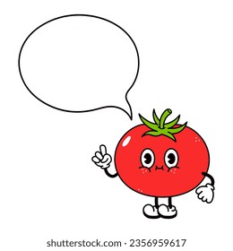 Tomato with an inscription character. Vector hand drawn traditional cartoon vintage, retro, kawaii character illustration icon. Isolated white background. Tomato character