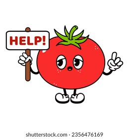 Tomato with an inscription help character. Vector hand drawn traditional cartoon vintage, retro, kawaii character illustration icon. Isolated white background. Tomato character