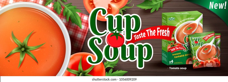 Tomato instant soup, refreshing tomato soup with fruits and package design in 3d illustration, bokeh background