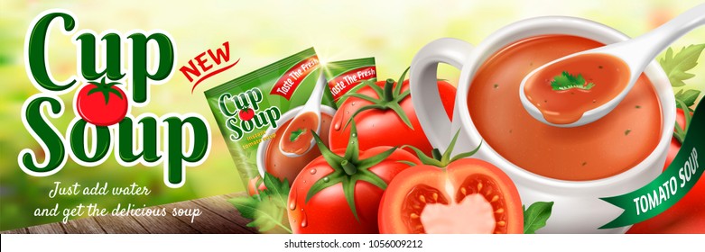 Sopa instantânea de tomate, refrescante sopa de tomate com frutas e design de pacote em ilustração 3d, fundo bokeh