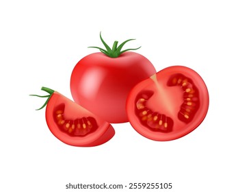 Tomato isolated fresh red tomatoes realistic vector illustration. Whole and cut ripe tomato, slice of organic vegetable, vegetarian food snack. Delicious tomatoes healthy eating