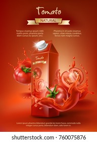 Tomato juice ad, paper box with juice, whole and sliced tomatoes in a splash, realistic vector illustration isolated on red background. Mock up for brand packaging design, corporate identity