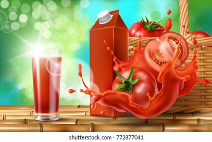 Tomato juice ad, paper box, drinking glass with drink, splash of tomato juice and wooden basket with tomatoes stand on bamboo table, realistic vector on natural background with sunlight.