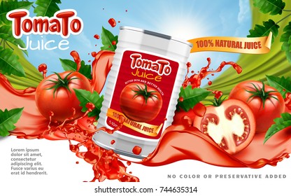 Tomato Juice Ads, Metal Can Container With Splashing Juice And Fresh Sliced Tomatoes In 3d Illustration, Blue Sky Background