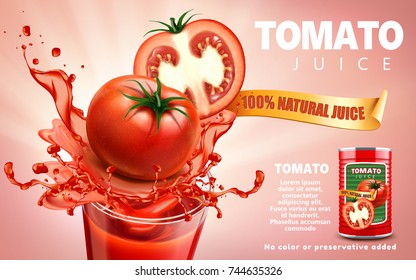 Tomato Juice Ads, Metal Can Package With Splashing Juice And Fresh Sliced Tomato, 3d Illustration