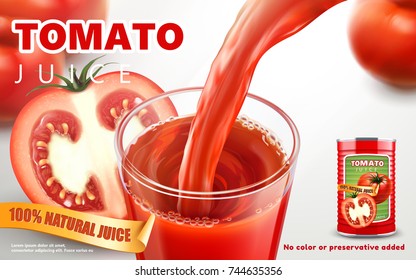 Tomato Juice Ads, Metal Can Package With Juice Pouring Down Into A Glass Cup And Fresh Sliced Tomatoes In 3d Illustration